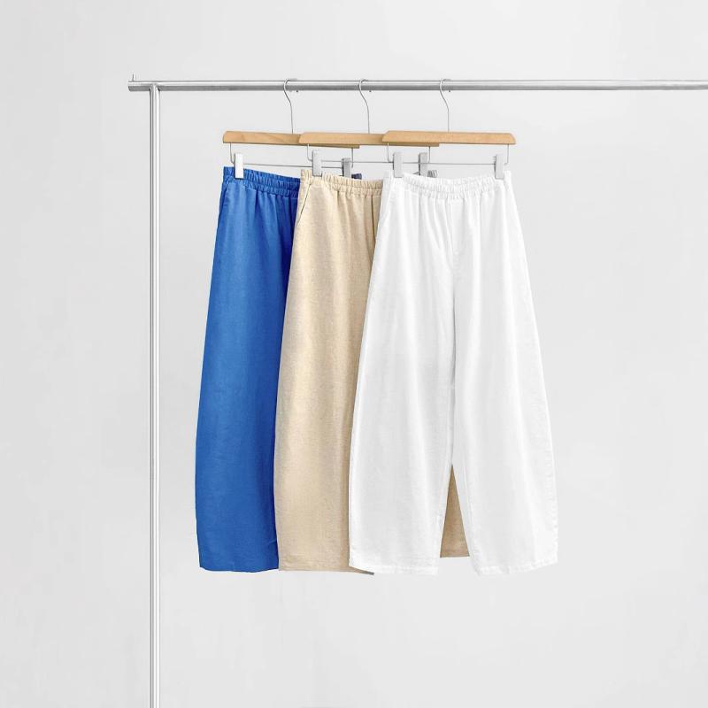 パンツ レディース リネン ワイドパンツ 麻 綿 高見え 涼しい 薄手 ゆったり ストレート クロップドパンツ 春夏 韓国風 ブルー オフホワイト