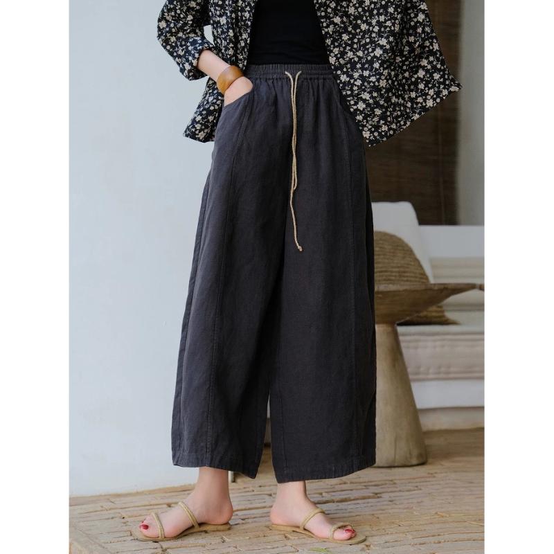 麻 レディース リネン ワイドパンツ 黒グレー系 麻パンツ 9分丈 伸縮性 ウエストゴム 文芸復古 リラックスパンツ 部屋着