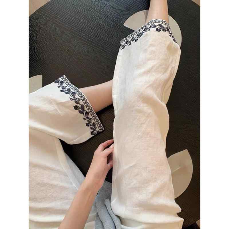 麻パンツ レディース 高見え 刺繍 ストレート リネンパンツ 高腰 ゆったり 体型カバー 美脚 ホワイト 春夏 カジュアルパンツ 通勤着 普段使い