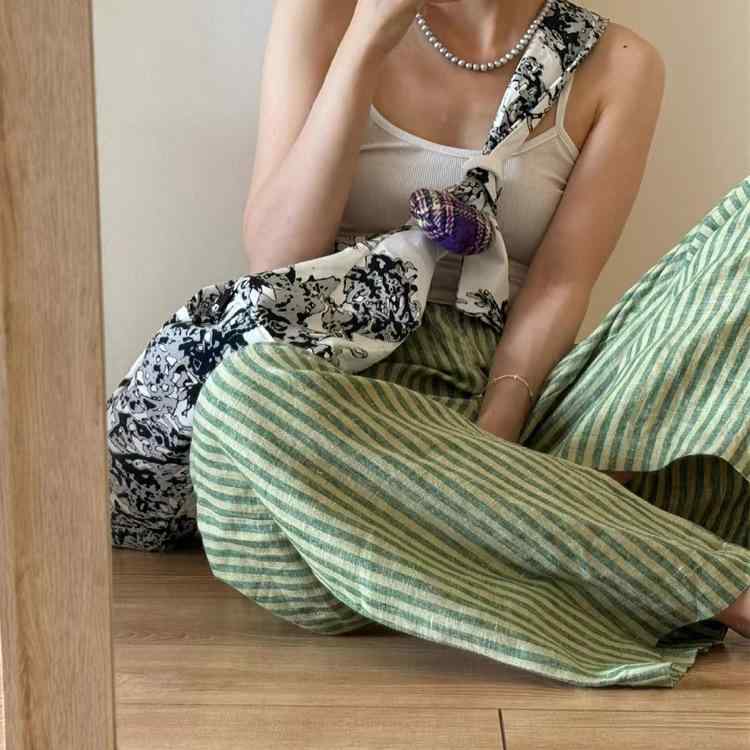 パンツ レディース 高腰 ワイドパンツ ストライプ柄 リネンパンツ 薄手 ゆったり ストレート 通勤 普段使い 麻混紡 カジュアルパンツ 緑系