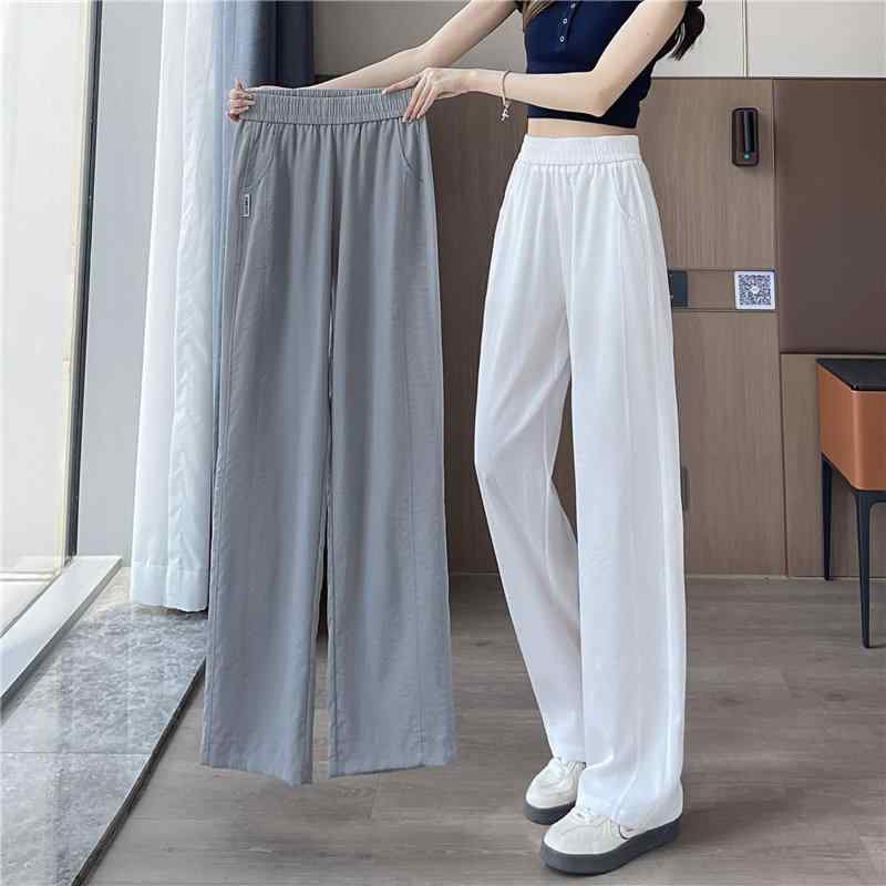 麻パンツ レディース 高 elastic ワイドレッグパンツ ストレートパンツ 薄手 高 rise カジュアルパンツ 無地 黒 白 灰色 紺