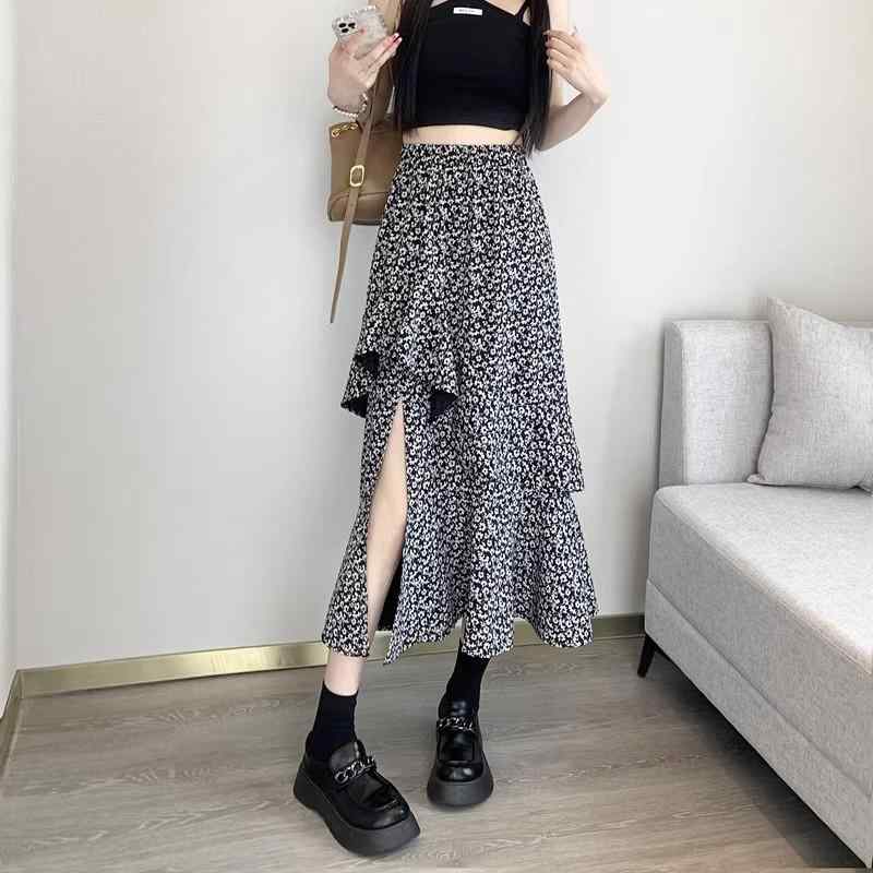 スカート レディース 高腰 Aラインスカート ミモレ丈 膝下丈 ポリエステル 花柄 不規則 ヘムライン 通勤 エレガント ホワイト ブラック S M L XL