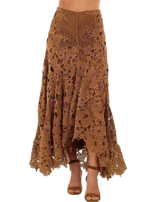 スカート レディース 膝下丈 ポリエステル レース ビーチ リゾート 不規則 Khaki 春夏 ストリート