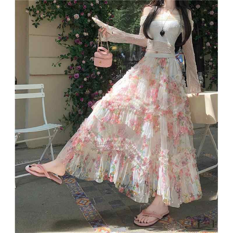 スカート レディース 春夏 花柄 Aライン フレア ミモレ丈 チュールスカート 高見え かわいい フェミニン ガーリー お嬢様風 デート 普段使い｜Tanzan