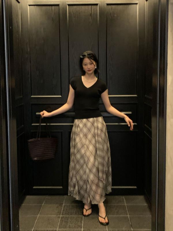 スカート レディース レトロ 幾何学模様 Aライン ロングスカート 春夏 ポリエステル 文芸復古 格子柄 切り替え 配色 エレガント 上品