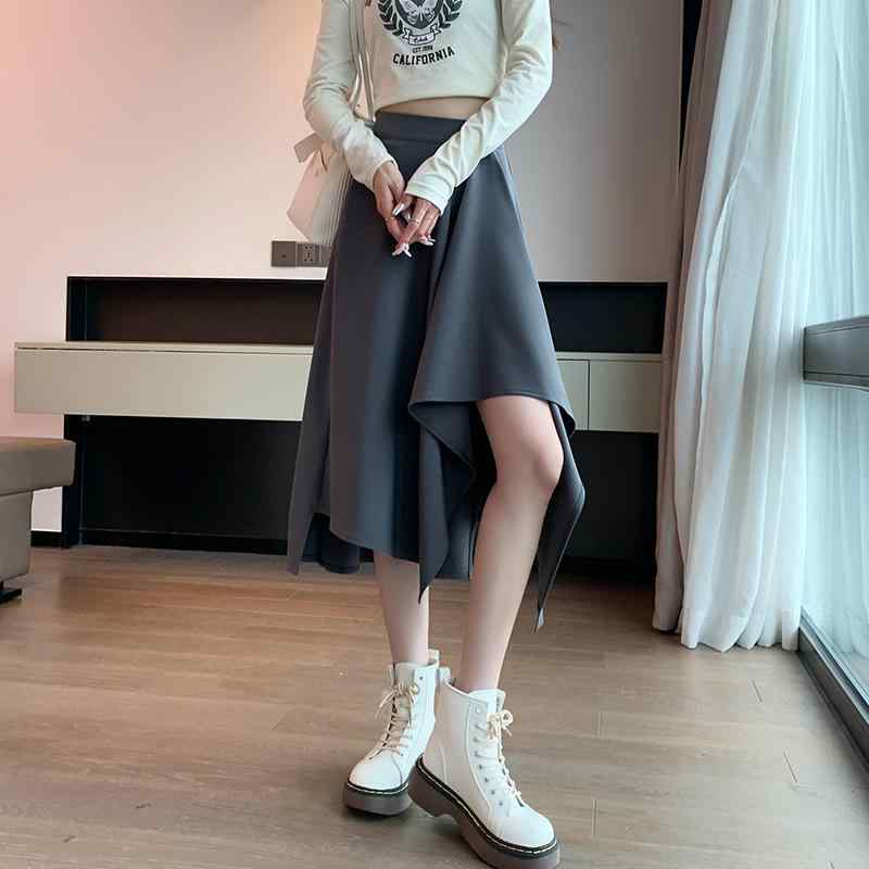 スカート レディース Aラインスカート ひざ丈 ミモレ丈 黒 無地 ハイウエスト 伸縮性 不規則 アシンメトリー フォーマル オフィスカジュアル 秋冬 ブラック グレー