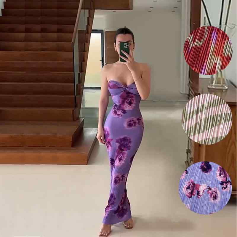 ワンピース レディース ノースリーブ ロング丈 一字襟 包臀 紫 ラン 花柄 伸縮性 リゾート パーティー ドレス