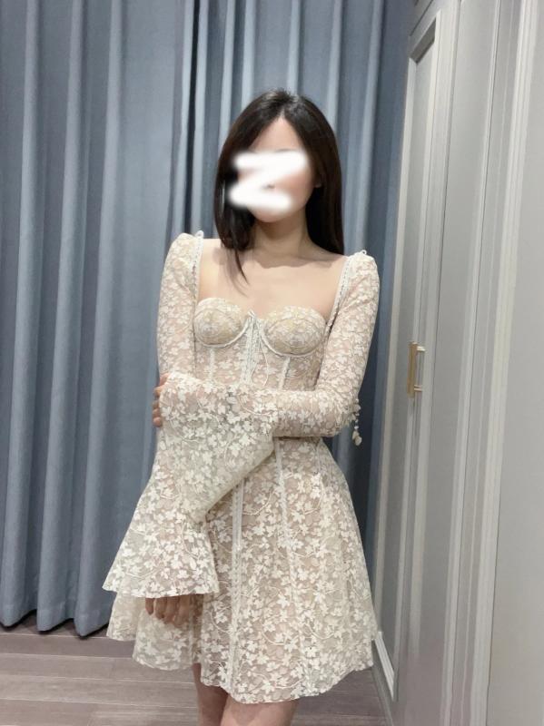 ワンピース レディース 春 Aライン レース 刺・墸 チュール スクエアネック パフスリーブ 長袖 ウエスト切り替え ロマンティック フェミニン