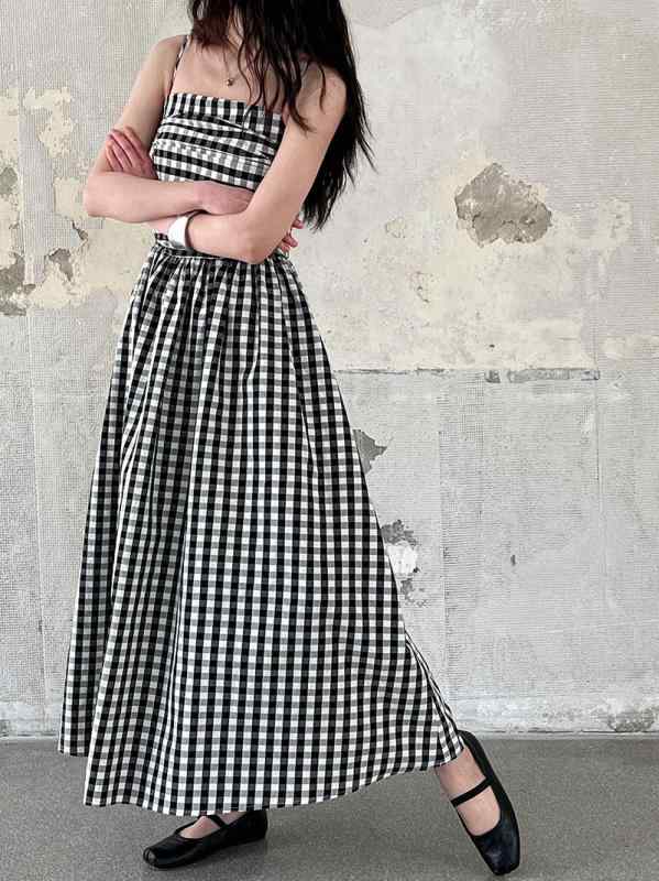 ワンピース レディース 春夏 格子柄 Aライン 肩出し ロングワンピース ギャザー ウエストゴム 綿 ポリエステル 文??古 法式 かわいい
