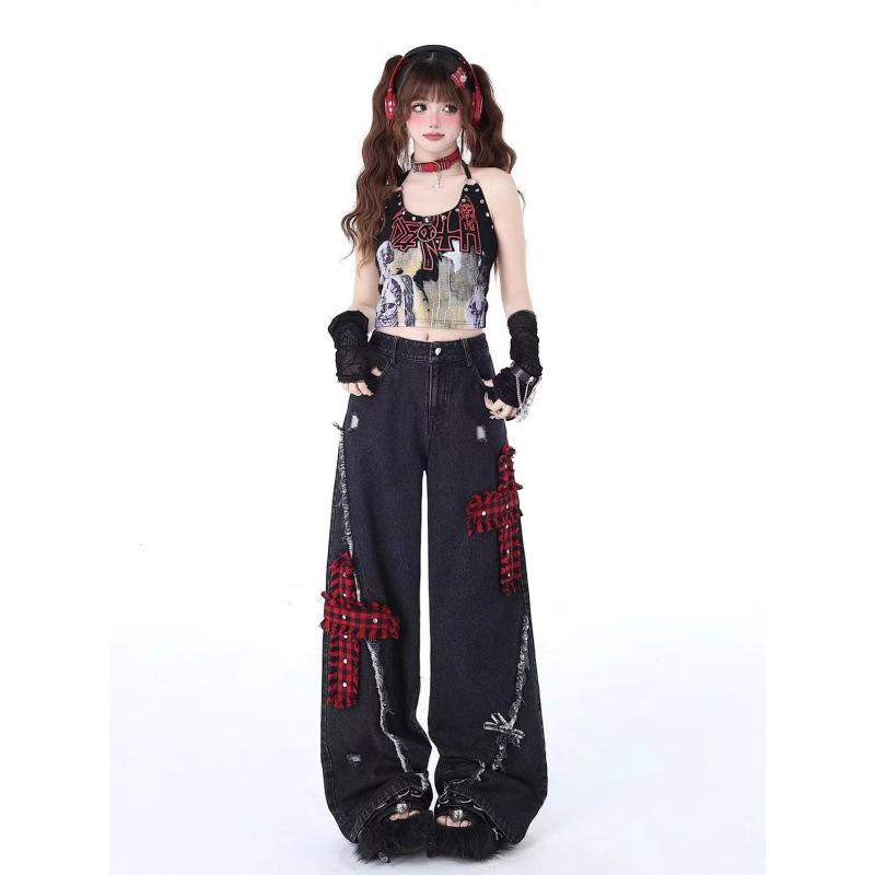 ジーンズ レディース ダメージ加工 ストリート スタイル ワイドレッグ デニム パンツ ゆったり ハイウエスト ドロップ感 ブラック ブルー 綿 ポリエステル