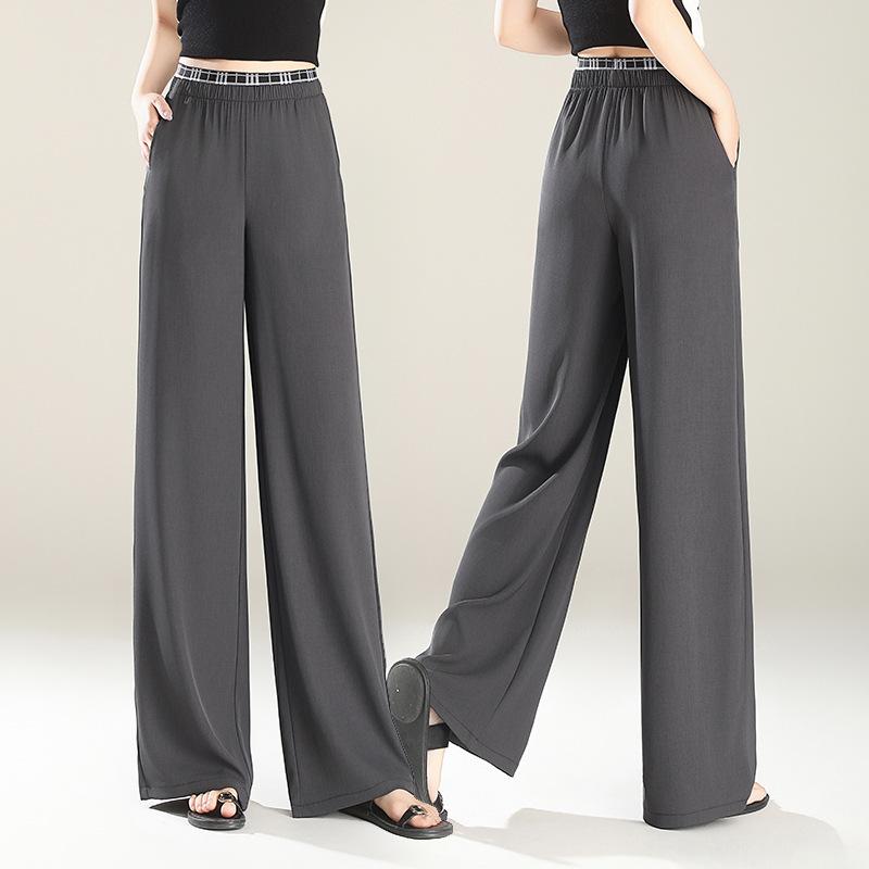 パンツ レディース 接触冷感 リラックス ワイドレッグパンツ 高腰 灰色 ゆったり ストレート 薄手 ポリエステル 通勤 カジュアル｜Tanzan