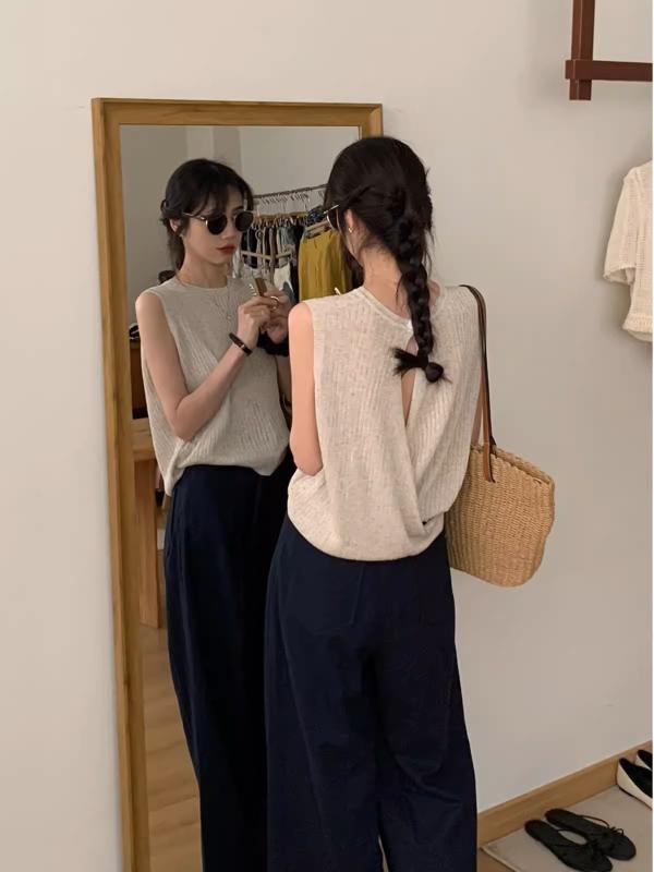 ニット レディース ノースリーブ 杏色 トップス サマーニット バックシャン ゆったり カットソー きれいめ カジュアル 韓国ファッション
