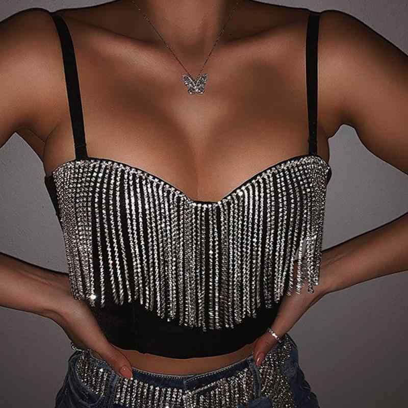 Tシャツ レディース セクシー チューブトップ ラインストーン フリンジ ショート丈 トップス キャミソール ポリエステル 欧米風 インポート ブラック パーティー イベント クラブ ダンス