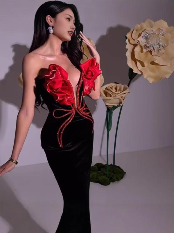 ワンピース レディース 赤い花 ジルコニア チェーン セクシー ローカット チューブトップ 黒 パーティー ドレス キャバドレス ロング丈 ポリエステル ノースリーブ エレガント スタイル