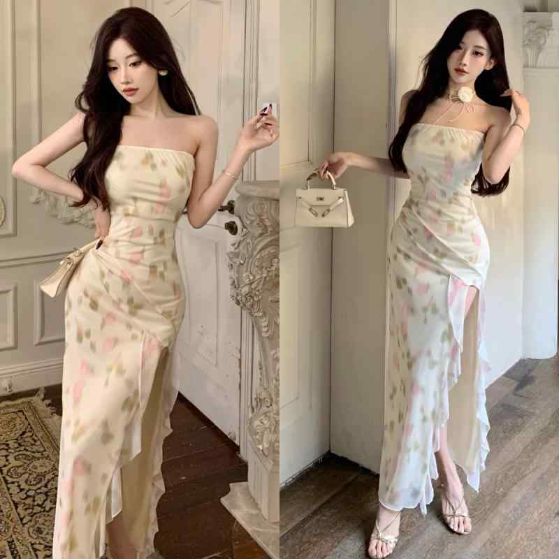 ワンピース レディース 花柄 ファッション セクシー スリム チューブトップ オフショルダー スリット入り マキシ丈ワンピース 高見え 普段使い パーティー