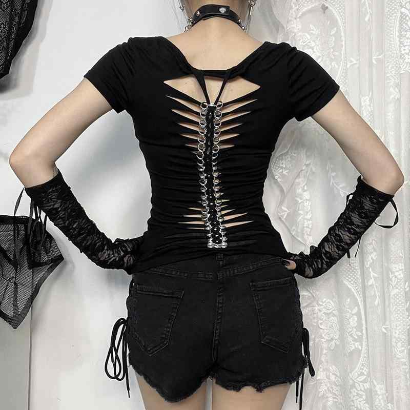 Tシャツ レディース 半袖 方襟 プリント 露背 カットアウト スカル ドクロ柄 ストリート ファッション スリム トップス ポリエステル ブラック 黒 ゴシック