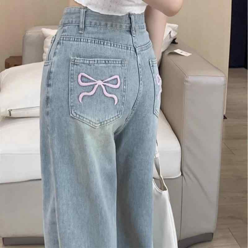 ジーンズ レディース ハイウエスト 刺繍 バタフライ デニム ワイドレッグ ストレート 薄手 ジーパン ズボン ゆったり かわいい 刺しゅう キュート おしゃれ