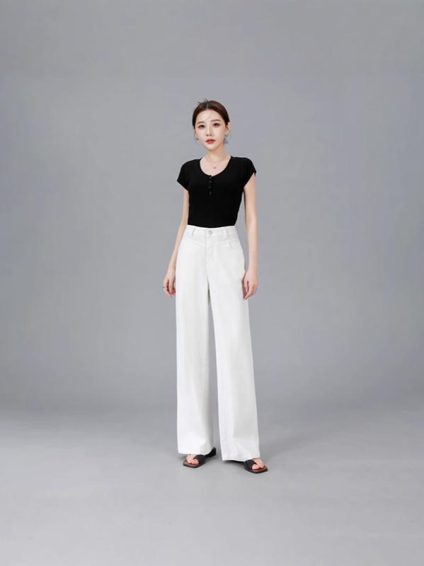 デニム レディース 高 Elastic ワイド ストレート パンツ 春夏 高 ウエスト スタイル リラックス 白 綿｜Tanzan