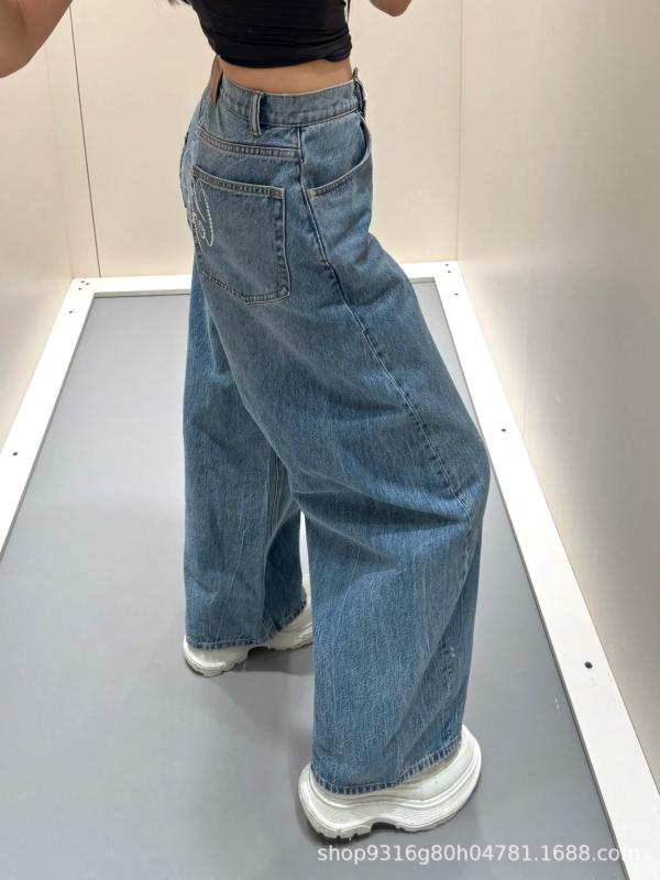 ジーンズ レディース 小柄 ブルー デニム ワイドレッグパンツ ドリル ストレート ミドルウエスト ダメージ加工 ウォッシュド加工 カジュアル ストリート スタイル