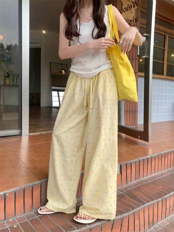 パンツ レディース 高身長 高見え ゆったり ストレート ドット柄 チェック柄 イージーパンツ 黄色 イエロー ポリエステル 薄手 接触冷感 涼しい 韓国風 カジュアル