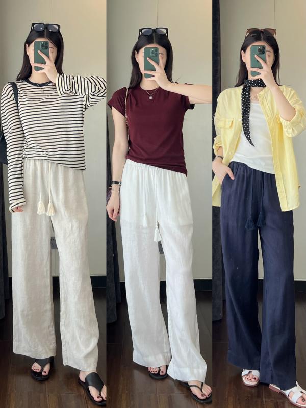 パンツ レディース 高見え 麻 リネン ストレートパンツ ワイドレッグパンツ ロングパンツ 春夏 薄手 ウエストゴム カジュアル きれいめ おしゃれ ホワイト ベージュ グリーン ネイビー