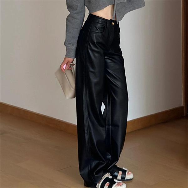 パンツ レディース 大きいサイズ 黒 PU レザーパンツ ゆったり ストレートパンツ ハイウエスト 着痩せ ワイドレッグパンツ ドレープ ロングパンツ 普段使い 通勤 伸縮性 ポリエステル ブラック