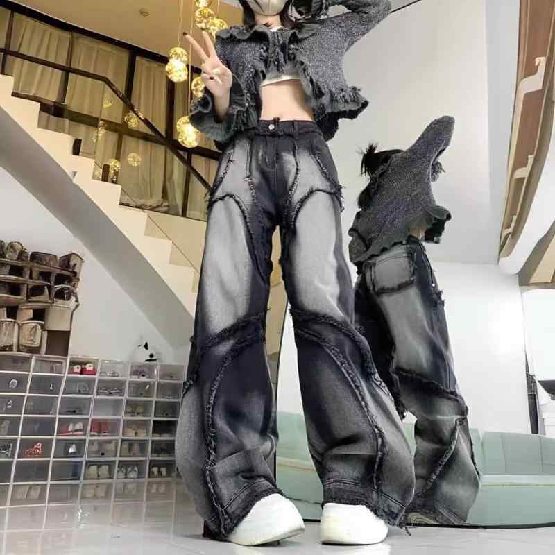 ジーンズ レディース Y2K ゴシック デニムパンツ 裾フリンジ ウォッシュ加工 ストレート ハイウエスト ジーパン ズボン ボトムス カジュアル ブラック S M L XL