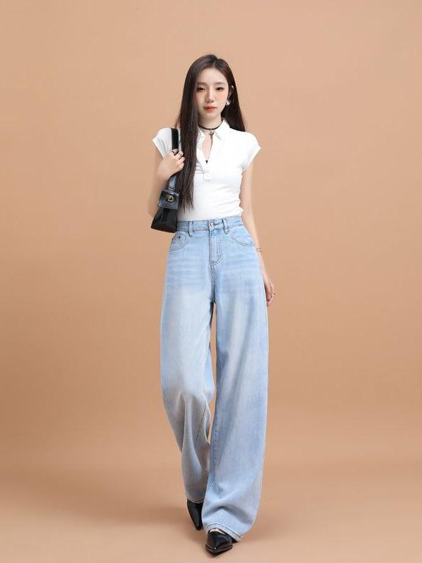 デニム レディース パンツ 高腰 ワイド レッグ ジーンズ フルレングス 接触冷感 ゆったり ストレート ジーパン 春夏 アイスブルー