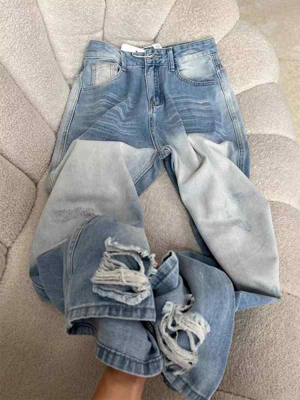 ジーンズ レディース 大きいサイズ ダメージ ウォッシュ加工 デニム ワイドレッグパンツ ハイウエスト ゆったり ルーズフィット ジーンズ S M L XL 2XL 3XL 4XL 5XL