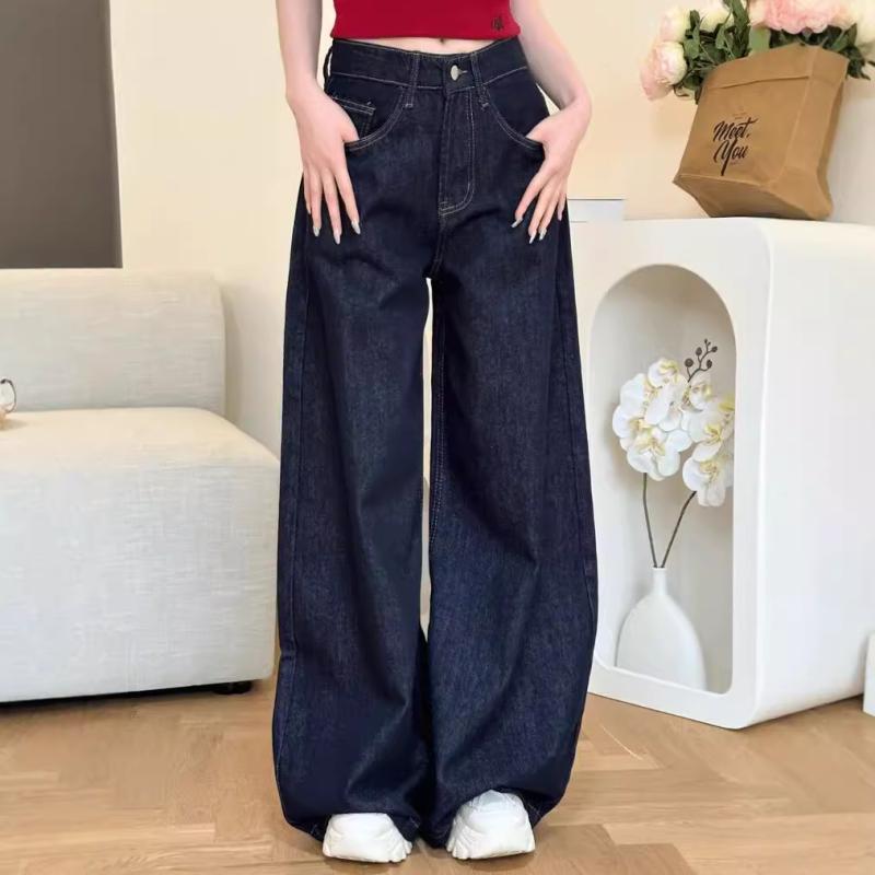 デニム レディース ワイドパンツ 深藍色 ジーンズ ハイウエスト ストレート ゆったり テーパード 通勤 カジュアル 美脚 脚長効果パンツ