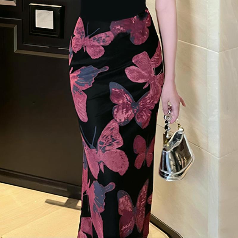スカート レディース 秋冬 包臀 タイト ロング 蝶 花柄 プリント チュール ミモレ丈 上品 きれいめ フェミニン エレガント お呼ばれ デート 伸縮性