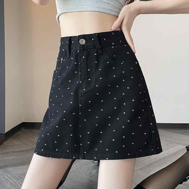 スカート レディース 黒色 ドット柄 デニム ミニスカート 春夏 ハイウエスト Aライン 美脚 半身スカート ジーパン