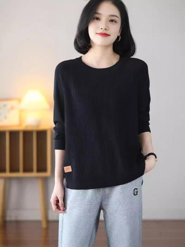 ニット レディース 秋冬 ニットソー ゆったり ラウンドネック 長袖 トップス チュニック丈 無地 体型カバー 接触冷感 あったか 伸縮性 カフェオレ ベージュ ブラック