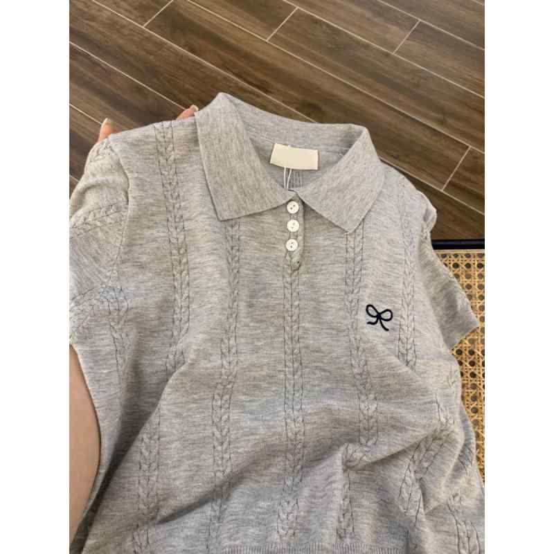 ニット レディース 半袖 韓国風 薄手 Tシャツ トップス ポロシャツ 接触冷感 伸縮性 無地 きれいめ かわいい グレー ブラック ホワイト