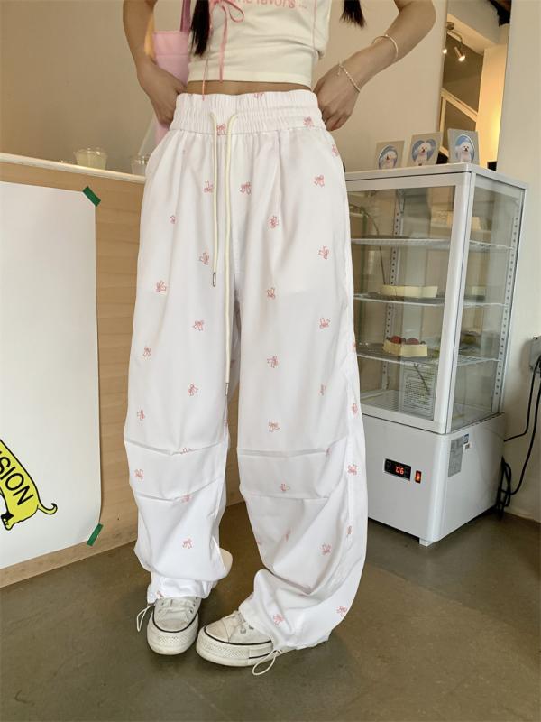パンツ レディース 小花柄 刺繍 ワイドレッグパンツ レトロ ハイウエスト ゆったり ストレート 美脚 薄手 ポリエステル 普段使い 韓国風 カジュアルスタイル 春夏 ホワイト S M L XL 2XL 3XL 4XL 5XL