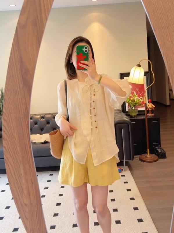 セットアップ レディース リネン トップス ハーフパンツ 中国風 乳白色 M L XL XXL XXXL 夏服 チャイナ風 7分袖 高腰 短パン 2点セット 快適 ゆったりサイズ