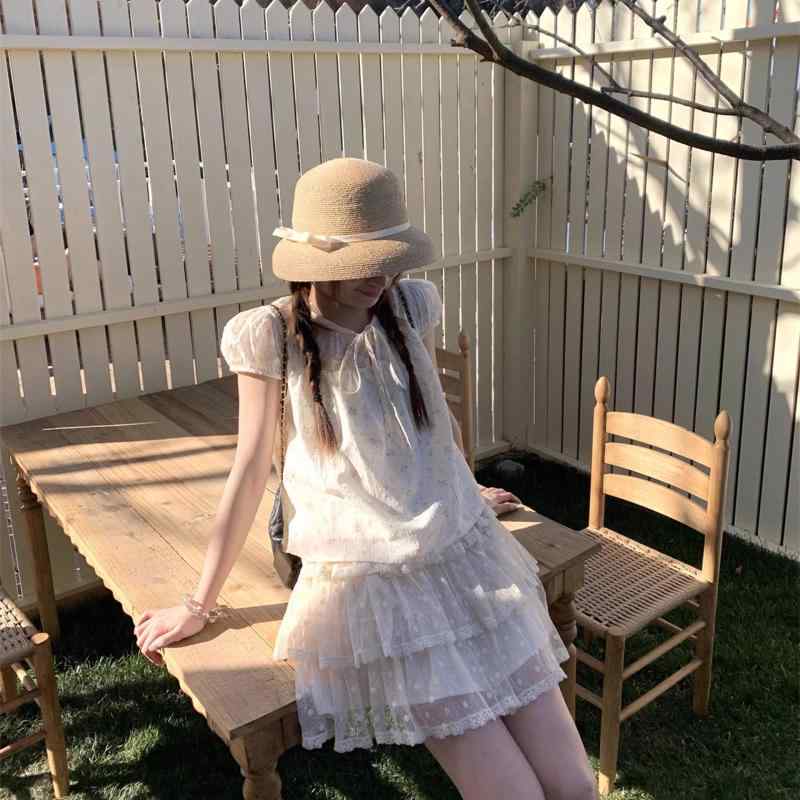 セットアップ レディース 半袖ブラウス チュニック レーススカート チュールスカート ポリエステル 普段使い かわいい 清新 甘め