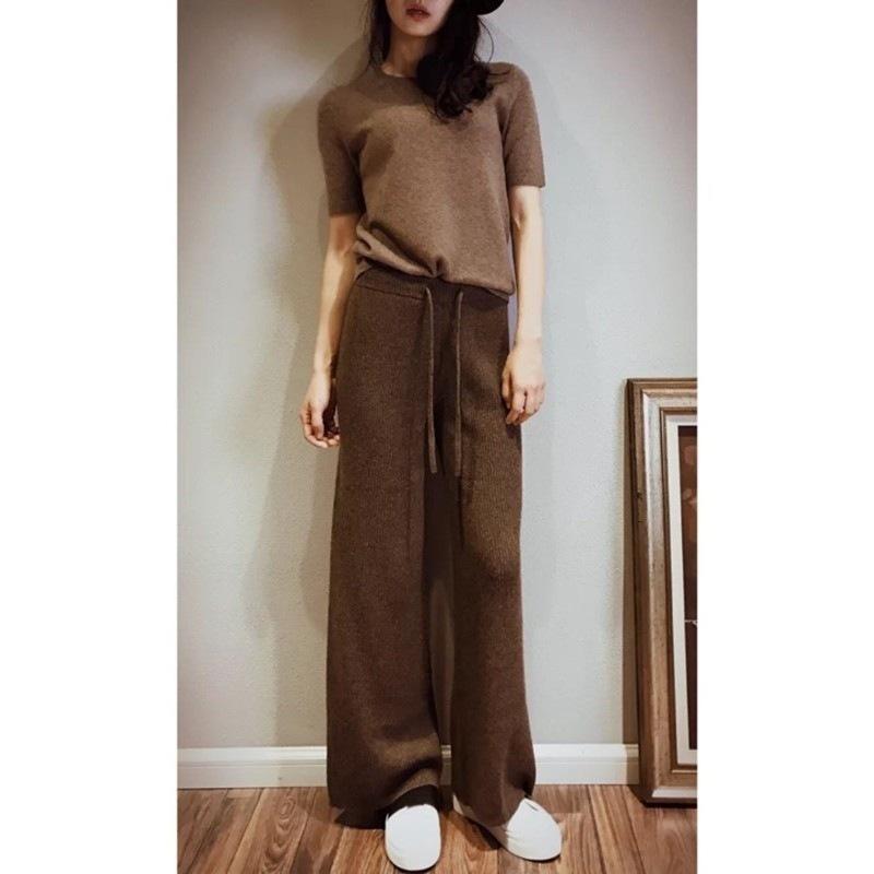 パンツ レディース 羊毛 ワイドレッグパンツ ニット 高見え 高身長 着痩せ 美脚 ストレッチ 秋冬 黒 ベージュ ブラウン グレー