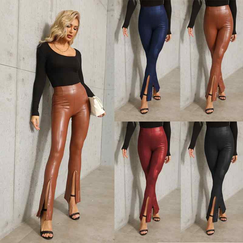 パンツ レディース 高 elastic 高 elastic 喇叭パンツ PU レザー セクシー 欧米 スタイル 黒 赤 茶色 紺色 大きい サイズ