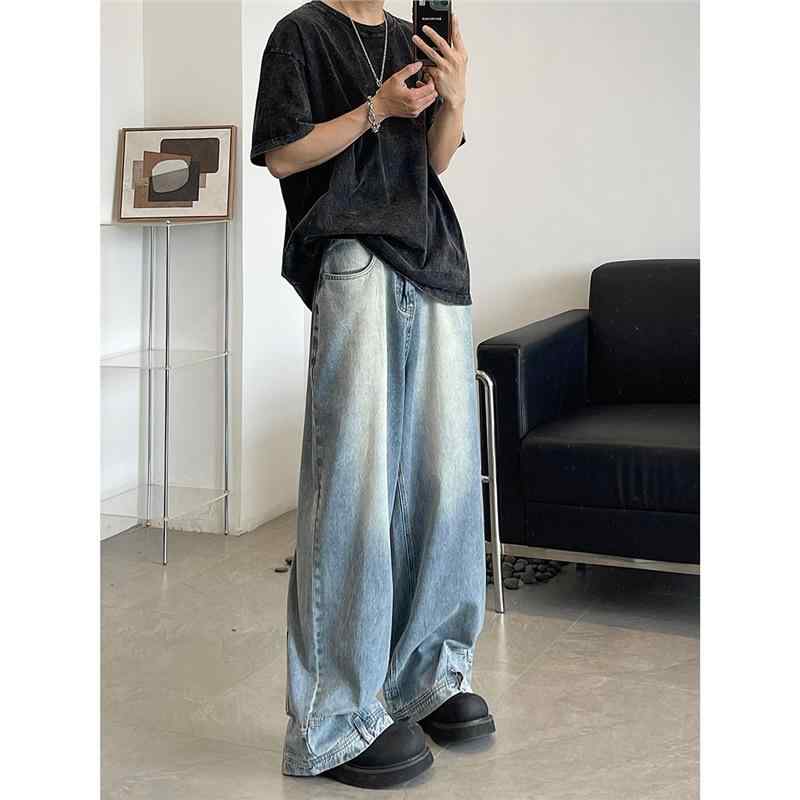 デニム メンズ 男性用 ジーンズ レトロ ストレート ウォッシュ加工 ヴィンテージ風 多ポケット デニムパンツ ジーパン ロングパンツ 普段使い