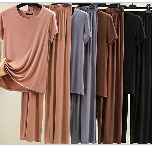 Tシャツ レディース 半袖 モダール トップス ワイドパンツ セットアップ ルームウェア 部屋着 ゆったり 9分丈パンツ 春夏 無地 ブラック カーキ グレー コーヒー ブルー ピンク系 デニム