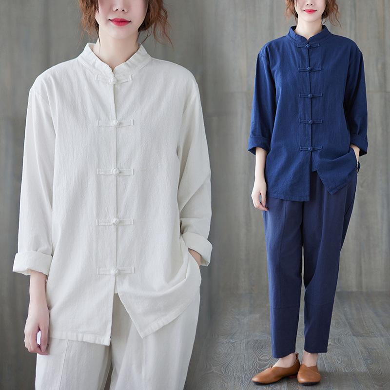 セットアップ レディース 中国風 太極拳 ウェア 禅修服 茶服 綿麻 上下セット 長袖 トップス パンツ ワイドパンツ ゆったり 大きいサイズ 文芸復古 チャイナスタイル リラックス 普段使い