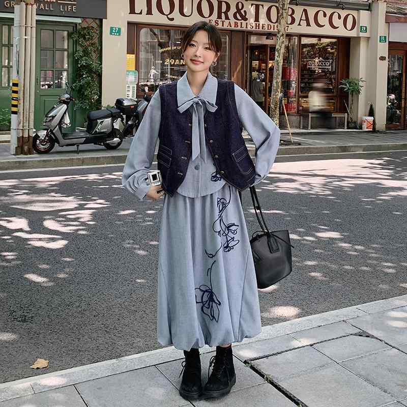 シャツ レディース 3点セット 刺・墸 チュニック ベスト スカート 膝丈スカート ポリエステル 再生繊維 浅青色 S M L XL OL 通勤 通年