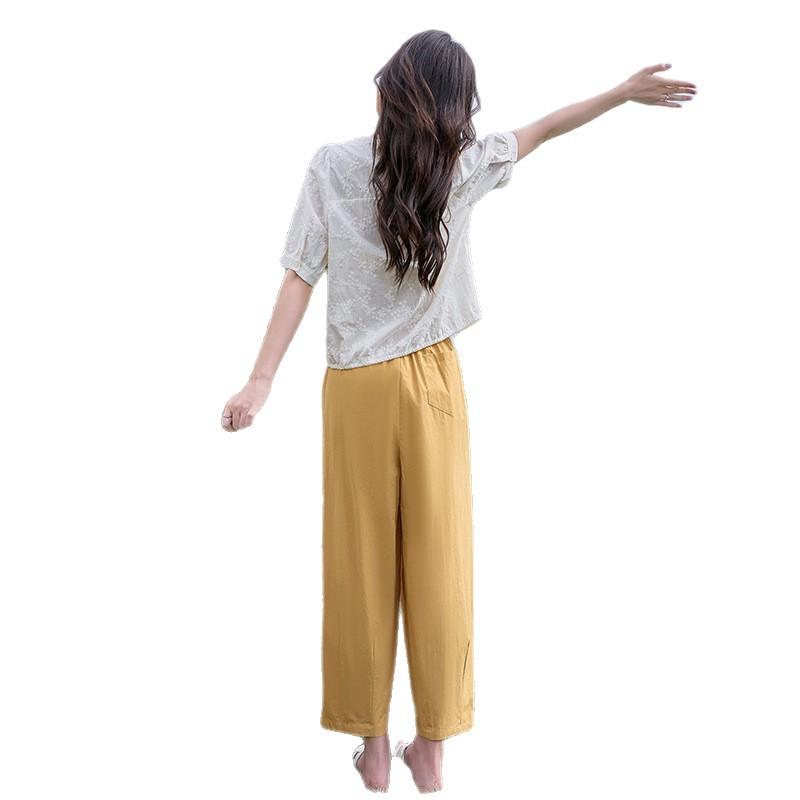 セットアップ レディース 小っちゃい 半袖プルオーバー ワイドレッグパンツ 2点仕掛ける ミルキー白いこと 黄色系 上下仕掛ける 心地好い 窈窕たる