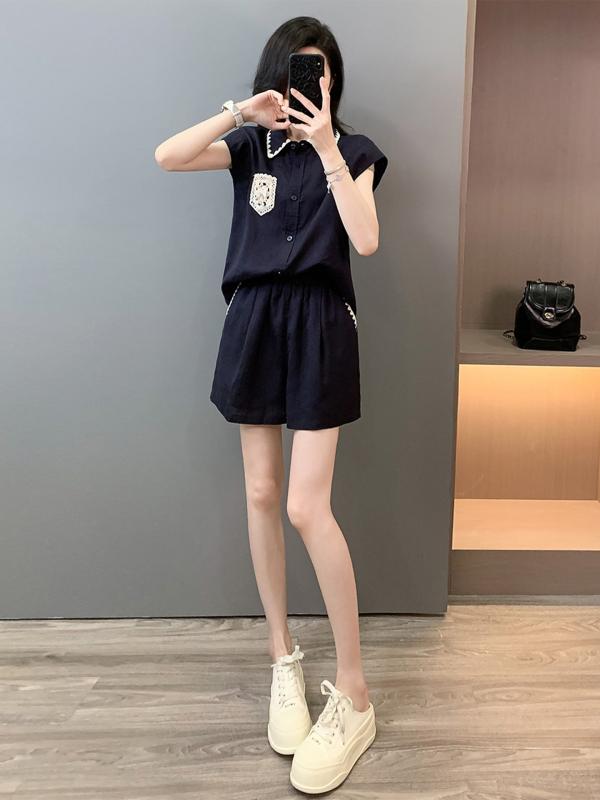 パンツ レディース リネン 麻 ショートパンツ セットアップ 花柄 レース 襟 接触冷感 カットソー 2点セット S M L XL XXL ネイビー
