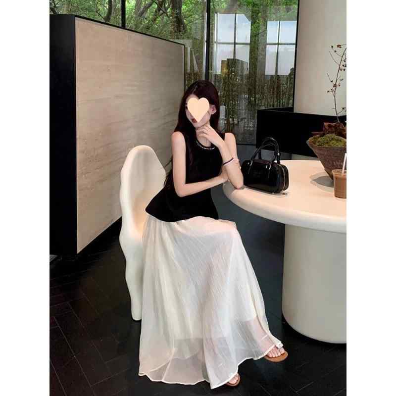セットアップ レディース ノースリーブ トップス 高ウエスト スカート 上下セット 淑女 清楚系 ブラック 黒 ビーズ 二層スカート