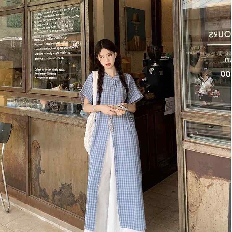 セットアップ レディース 格子柄 リゾート風 半袖シャツ ワイドパンツ ゆったり 楽ちんパンツ 文芸復古 法式風 ポリエステル 夏 春夏 ストライプ S M L XL XXL
