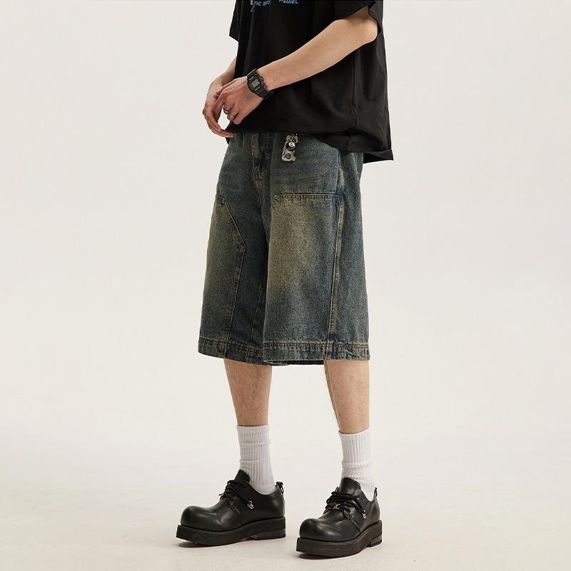 デニム メンズ ハーフパンツ ウォッシュ加工 ストレート レトロ カジュアル 7分丈パンツ ジーパン ズボン 春秋
