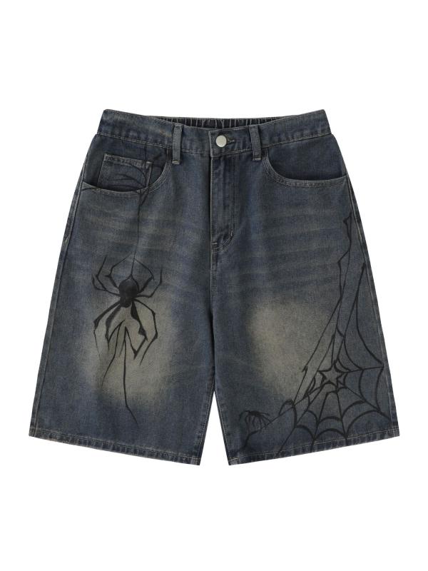 ジーンズ メンズ 男性用 デニム ショートパンツ アメカジ ヴィンテージ風 スパイダー プリント ウォッシュ加工 ブルー