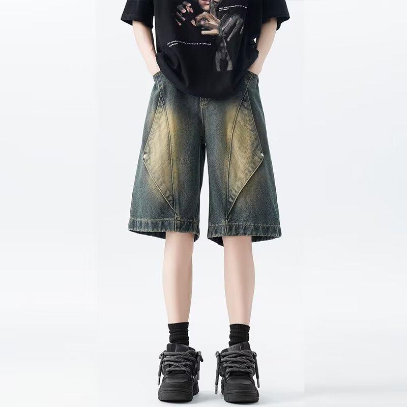 デニム メンズ ハーフパンツ 切り替え ウォッシュ加工 ストレート 5分丈 ジーパン 短パン 男性用 ズボン カジュアル ブラック ブルー M L XL 2XL 3XL 4XL 5XL